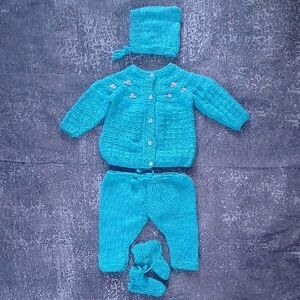 Teal Baby Knit Set with Hat and Booties HANDMADE UNISEX